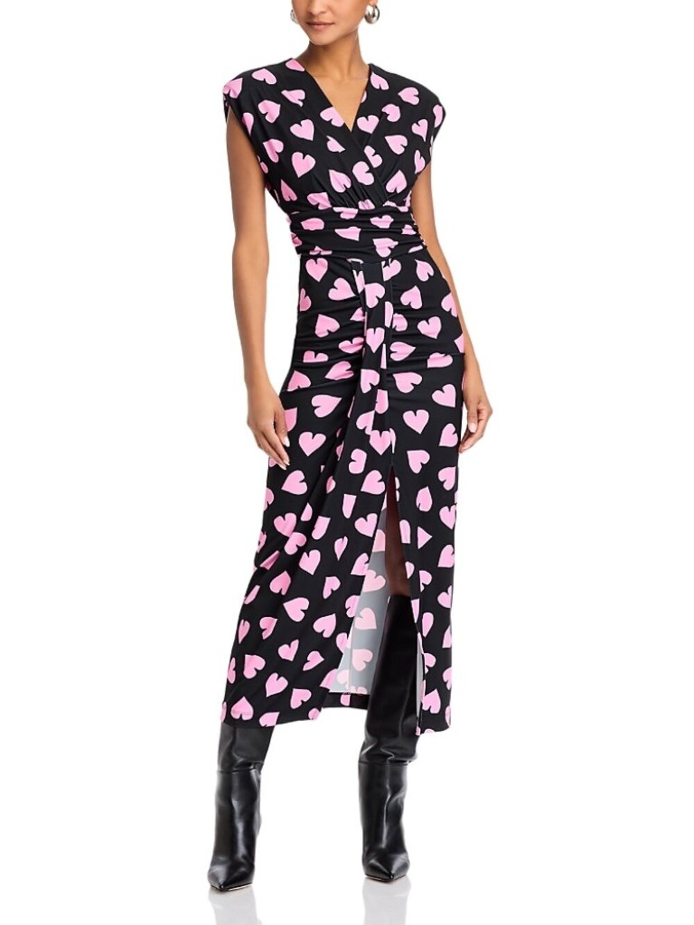 Essentiel Antwerp Hewing Heart Print Draped Midi Dress Black Pink 0 Womens NWT